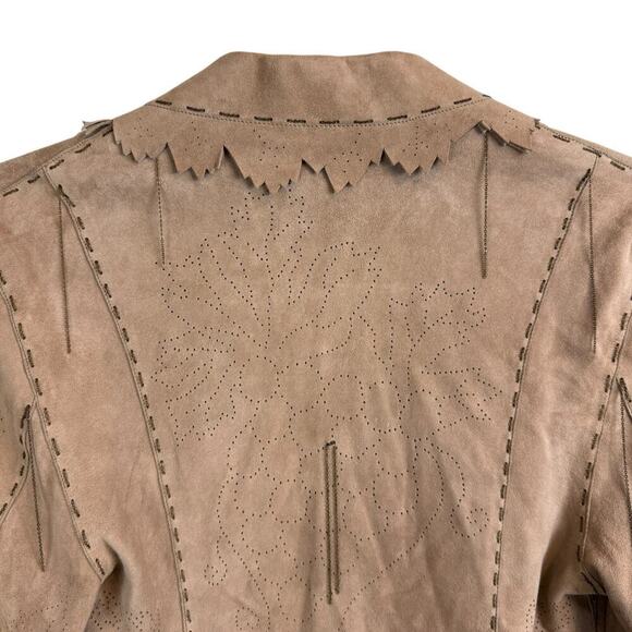 Kerry Grima Suede Leather Handmade Perforated Open Front Jacket Brown Size Small - Picture 5 of 6